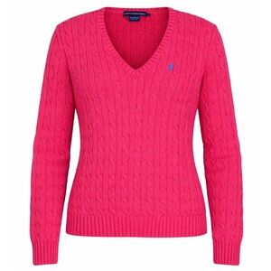 Ralph Lauren Sport Sweater XL Pink Red Cable Knit V-Neck Pullover Y2K Preppy